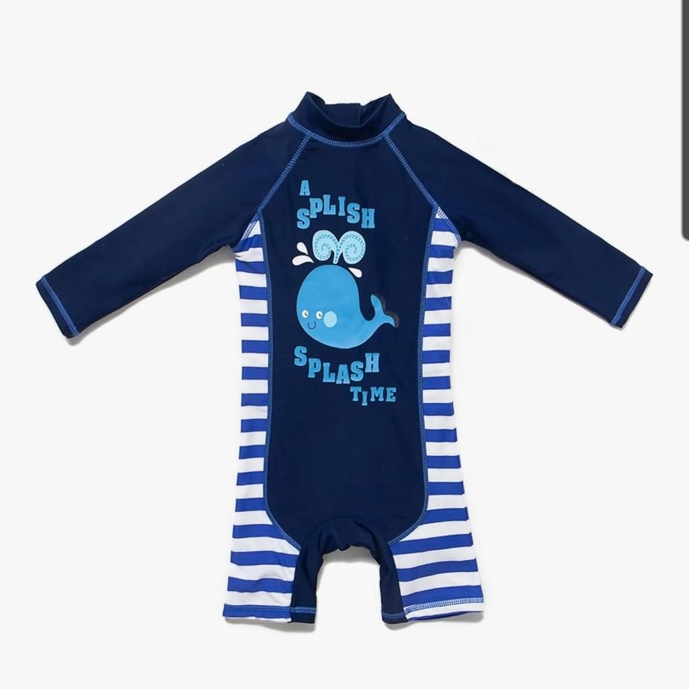 Blue and White Striped Rashguard with Whale Design